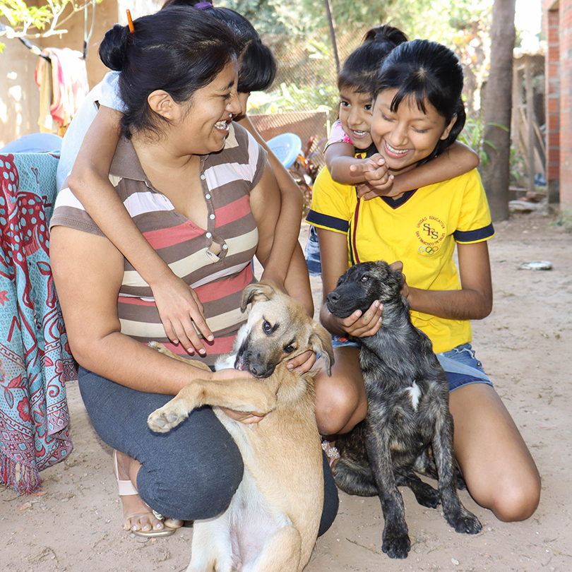 kvinnor barn ler tillsammans med hundar