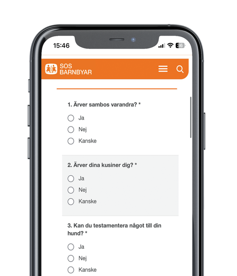 SOS Barnbyars testamentesquiz i en mobiltelefon.