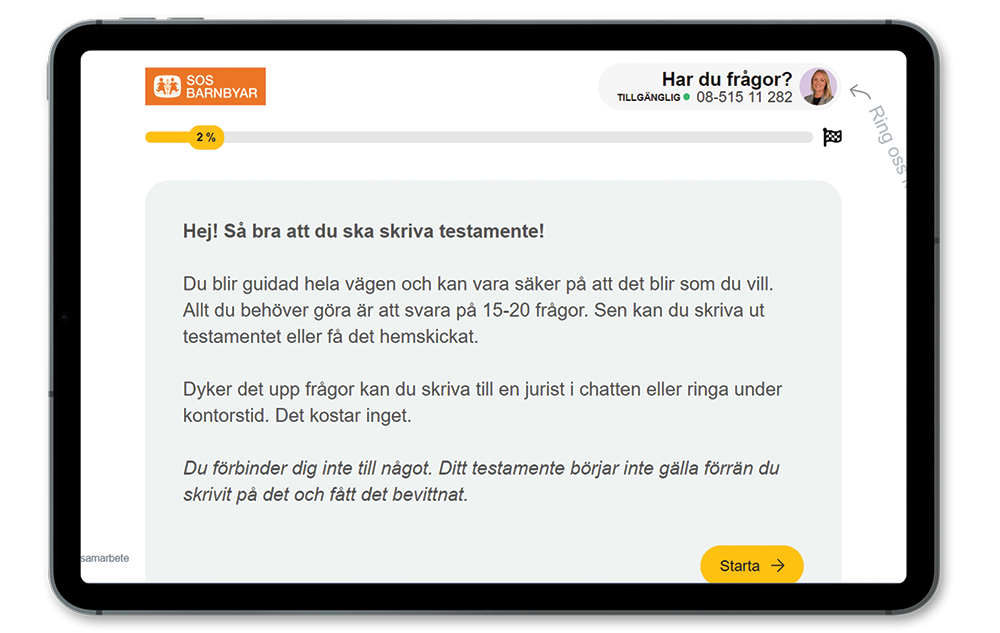 Lawlys verktyg för att testamentera en gåva, i en iPad.