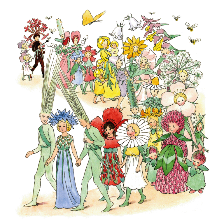 Illustration från boken Blomsterfesten i täppan av Elsa Beskow.